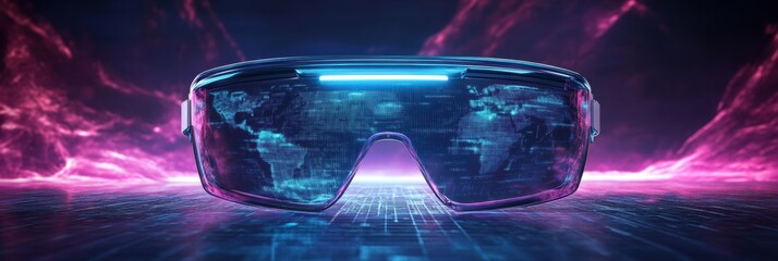 High-tech augmented reality glasses showcasing a digital world map against a vibrant neon backdrop in a futuristic environment