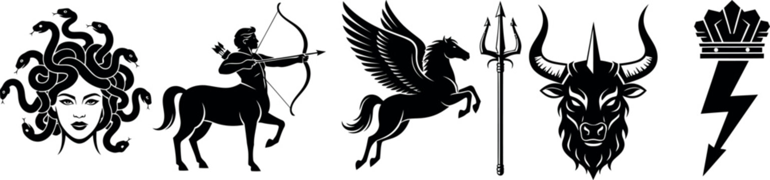 Greek mythology symbols Medusa centaur cupid Pegasus trident and Minotaur vector illustration 