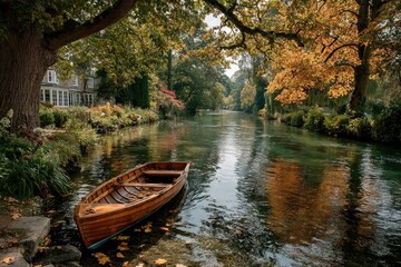 Obraz premium Tranquil autumnal canal scene. Wooden boat rests by shallow water, beneath a canopy of autumn trees. Houses line the banks