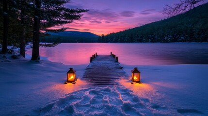 A serene winter evening by the lake with a wooden dock illuminated by lanterns and a colorful sunset sky