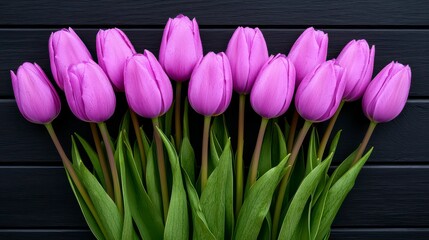 A vibrant arrangement of fresh purple tulips showcasing elegant blossoms and lush green leaves against a dark wooden background