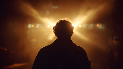 Silhouette of a person standing against a bright  illuminated spotlight stage with confidence background