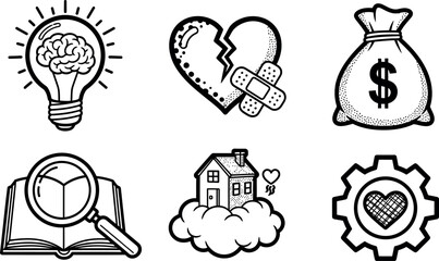 Creative concept icons with brain lightbulb heart money bag and house vector illustration 