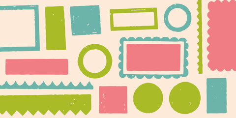 Collection of hand drawn geometric shapes and borders in pastel pink green and teal on a cream background