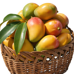 A Wicker Basket Overflowing with Ripe, Colorful Mangoes