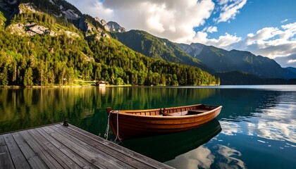 Serene lake scene with a wooden boat