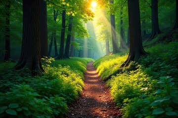 Obraz premium A winding trail disappears into a lush forest, sunlight dappling through the leaves onto the path ahead Perfect for adventure and nature lovers seeking solitude and escape , travel, sunlight