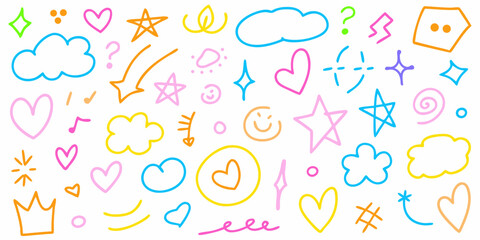 Collection of colorful hand drawn doodle elements including hearts stars clouds smiles and more on a white background
