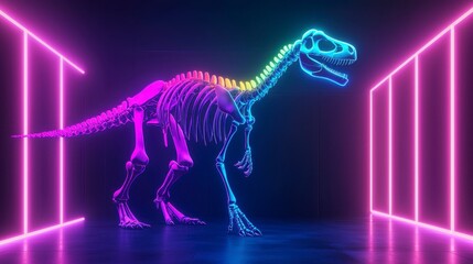 Fototapeta premium A vibrant neon dinosaur skeleton illuminated in a futuristic setting with colorful lights and geometric lines