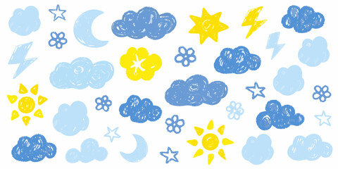 Whimsical hand drawn collection of weather elements including sun clouds moon stars lightning and flowers