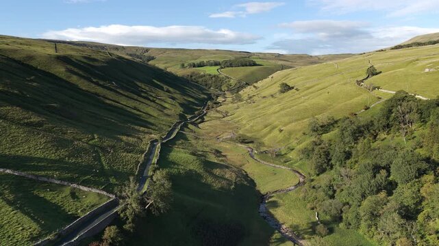 Majestic Aerial View of Upper Wharfedale Valley with Winding Road and River Near Kettlewell, North Yorkshire