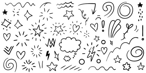 Collection of hand drawn doodle elements including stars hearts arrows waves and speech bubbles