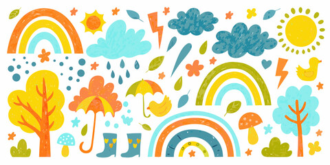 Whimsical hand drawn autumn weather elements with rainbows and cute animals