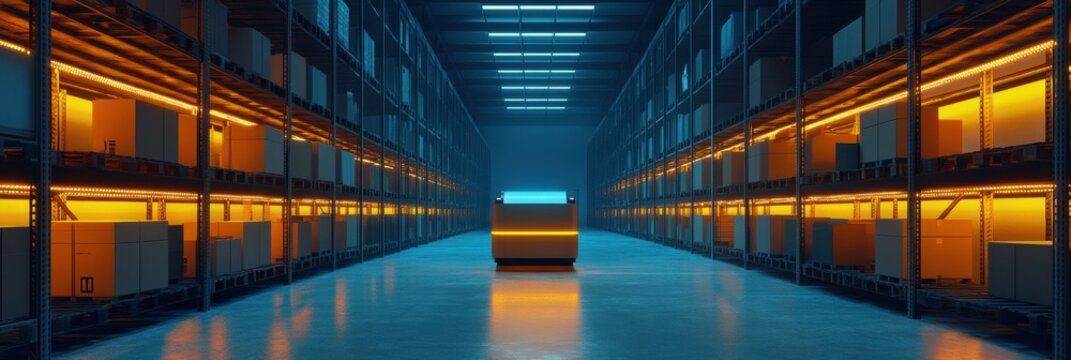 Automated storage warehouse with illuminated shelving and central robotic unit at dusk in a modern logistics facility