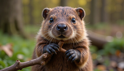 Obraz premium Adorable baby beaver holding twig in its paws, showcasing sharp detail and soft diffused lighting, perfect for heartwarming nature scenes. Baby beaver in focus,