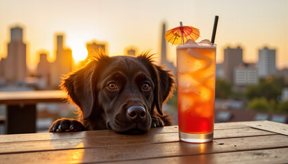Black dog yearning for cocktail on urban rooftop during sunset, leisure