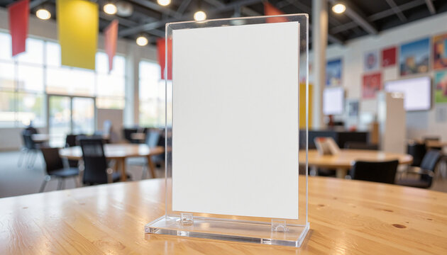 Flyer acrylic holder stands ready in exhibition hall under bright, even lighting. This flyer holder showcases blank advertisement material in hall, offering versatile branding for event promotions.