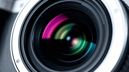 Camera lens close up, showcasing optical details with its intricate construction and reflective elements. Highlighting camera lens design through its colorful reflections and technical precision,