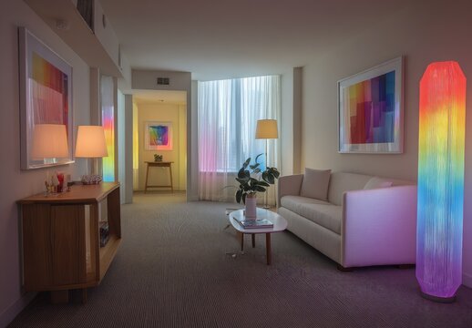 Modern, colorful living room with rainbow light fixture