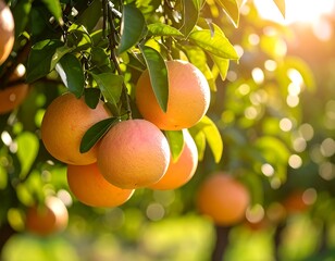 Ripe grapefruit hanging from branches