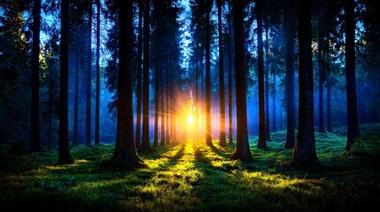Obraz premium Sunlight filtering through tall trees in a serene forest creating captivating light rays and a magical atmosphere