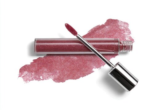 Plum coloured lip gloss with a shiny finish rests beside a vibrant swatch, ideal for adding depth and style to any makeup look