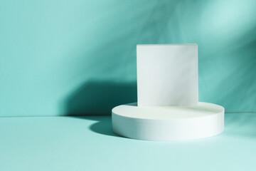 Art abstract background with podium and palm shadows.