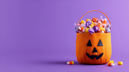 Jack-o-lantern bag full of candy on a purple background with copy space, horizontal