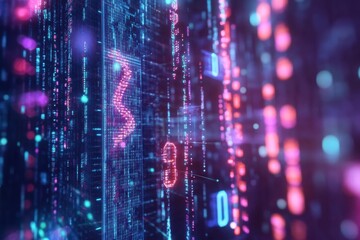 Colorful digital code visualization showcasing vibrant lights and patterns in a futuristic environment during a nighttime setting
