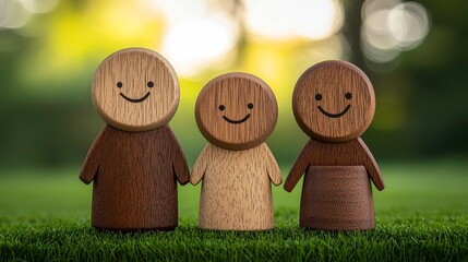 A charming trio of wooden figurines with cheerful smiles, set against a blurred outdoor backdrop of greenery and warm bokeh lights