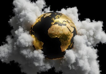 Abstract 3D Render of Gold and Black Earth Globe with White Clouds on Black Background
