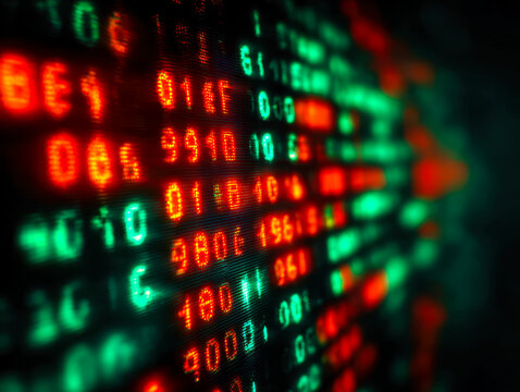 Digital stock market data display with vibrant red and green numbers