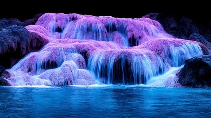 A mesmerizing cascade of neon waterfalls flowing into a serene pool, illuminated with vibrant purple and blue hues against a dark backdrop