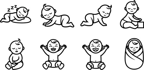 Fototapeta premium Baby milestone vector icons set with crawling sitting laughing and sleeping poses 
