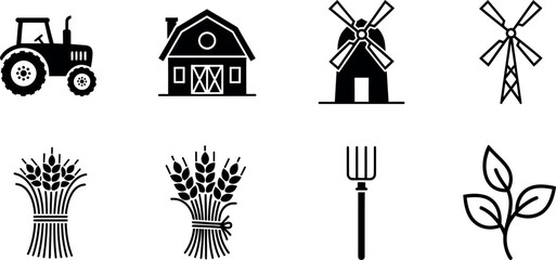 Farm agriculture icons with tractor barn windmill wheat pitchfork and plant vector illustration 