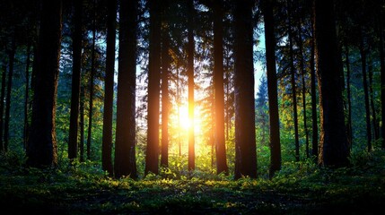 Obraz premium Sunlight breaking through the dense forest trees at dawn, illuminating the lush greenery and creating a tranquil forest atmosphere.