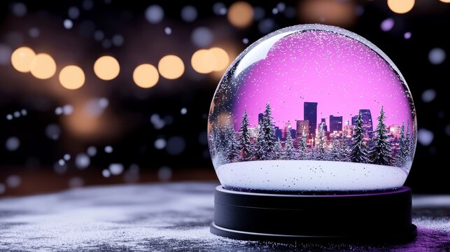 A beautifully crafted snow globe showcasing a vibrant city skyline behind a serene winter forest scene, illuminated with soft lighting