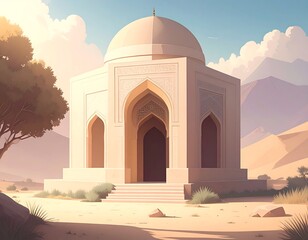 Elegant desert pavilion under a pale sky