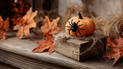 Mock up with Halloween wooden product stage pumpkin spider and autumn leaves
