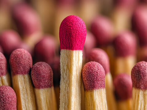 Close-up of a matchstick with a pink tip surrounded by other matchsticks with pink-tipped heads