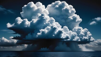 Magnificent cloud formations rise above the serene ocean under a brilliant blue sky.