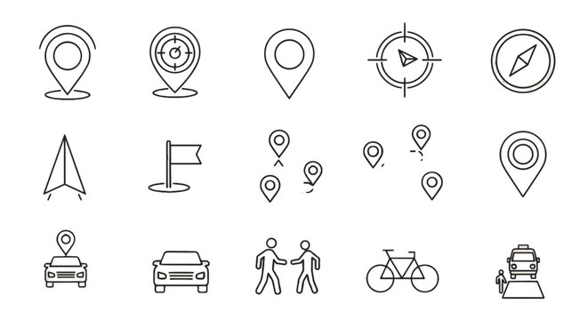 Illustration of various navigation and location icons including maps, vehicles, and transportation means on transparent background - Powered by Adobe