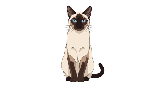 Illustration of a siamese cat sitting upright with blue eyes and dark brown markings on a white background on transparent background