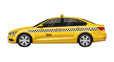 Side view of a yellow taxi car with black and white checkered pattern and taxi sign on top and side, isolated on transparent background