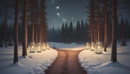 Glowing jars light a path through a snowy forest under a star-filled night sky.