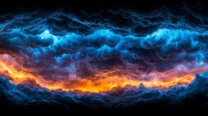 Dramatic storm clouds illuminated by orange and blue light creating a surreal twilight atmosphere in the sky.