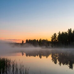 Obraz premium Misty sunrise over a tranquil lake