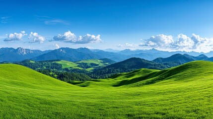 Expansive panoramic view of lush green hills and distant mountain ranges under a clear blue sky with fluffy clouds