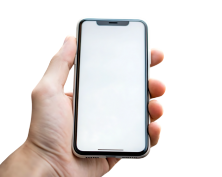 Hand holding a modern smartphone with a blank screen isolated on transparent background