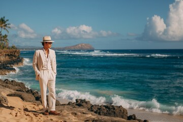 Man in white suit and white hat on the ocean shore on a sunny day